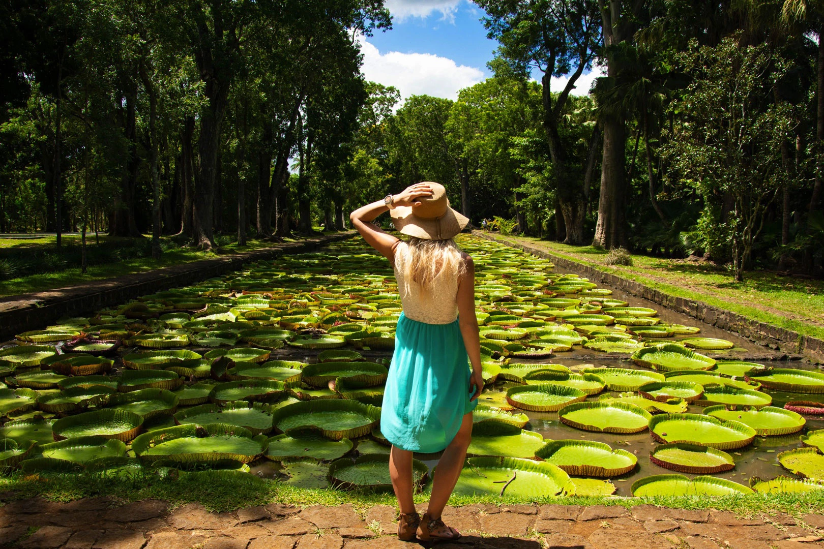 Woman exploring the Pamplemousses Botanical Garden in Mauritius